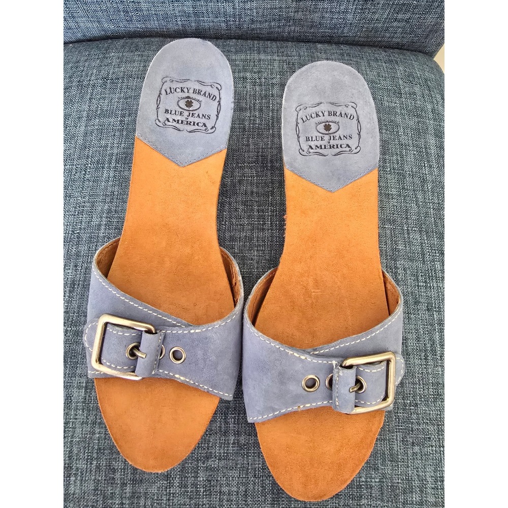 Lucky Brand‎ Blue Jeans America Blue Suede Buckle Cork Block Heel Sandals 8.5 M